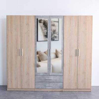 Edison 6-Door Wardrobe with 2 Drawers & 2 Mirrors - Oak/Cement - With 2-Year Warranty