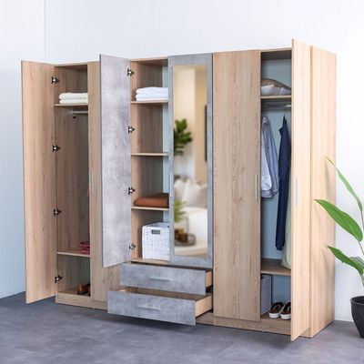 Edison 6 Door Wardrobe W/2 Drawers & 2 Mirrors-Oak+Cement