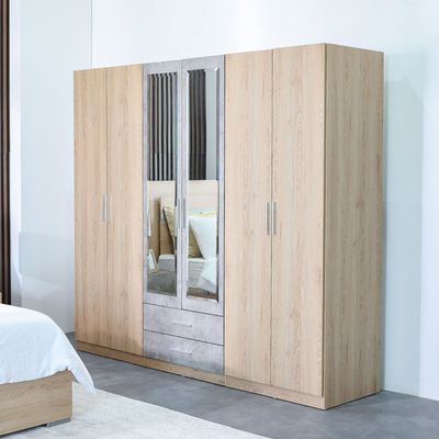 Edison 6 Door Wardrobe W/2 Drawers & 2 Mirrors-Oak+Cement