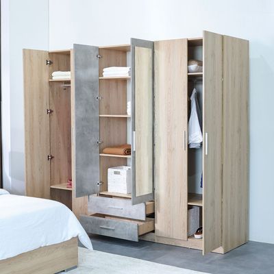 Edison 6 Door Wardrobe W/2 Drawers & 2 Mirrors-Oak+Cement