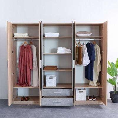 Edison 6 Door Wardrobe W/2 Drawers & 2 Mirrors-Oak+Cement