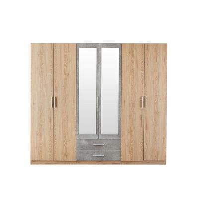 Edison 6 Door Wardrobe W/2 Drawers & 2 Mirrors-Oak+Cement