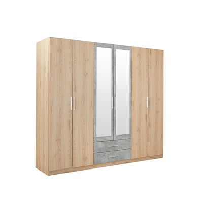 Edison 6 Door Wardrobe W/2 Drawers & 2 Mirrors-Oak+Cement