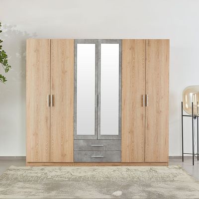 Edison 6 Door Wardrobe W/2 Drawers & 2 Mirrors-Oak+Cement