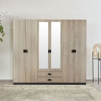 Regal 6 Door Wardrobe W/2 Drawers & 2 Mirrors-Grey+Black