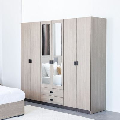 Regal 6 Door Wardrobe W/2 Drawers & 2 Mirrors-Grey+Black