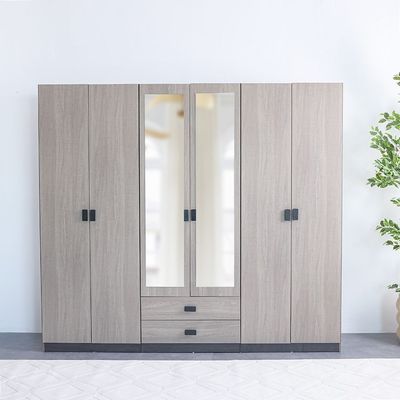 Regal 6-Door Wardrobe with 2 Drawers & 2 Mirrors - Grey/Black - With 2-Year Warranty