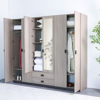 Regal 6 Door Wardrobe W/2 Drawers & 2 Mirrors-Grey+Black