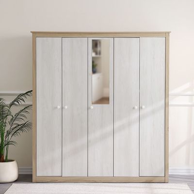 Kelly 5 Door Wardrobe W/Mirror-White Ash+Sonoma Oak