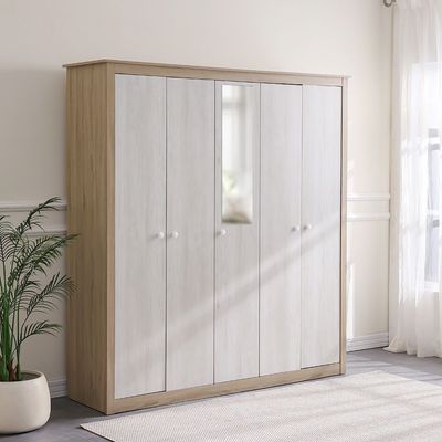 Kelly 5 Door Wardrobe W/Mirror-White Ash+Sonoma Oak