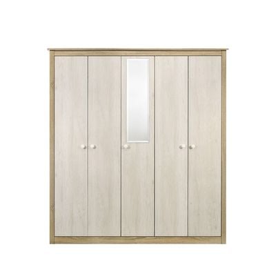 Kelly 5 Door Wardrobe W/Mirror-White Ash+Sonoma Oak