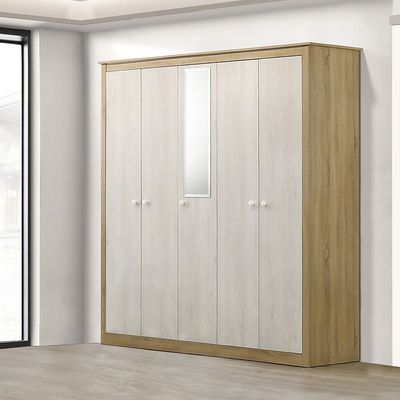 Kelly 5 Door Wardrobe W/Mirror-White Ash+Sonoma Oak