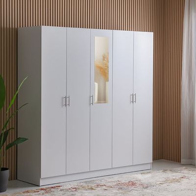 Notis 5 Door Wardrobe W/2Drawers & Mirror-Gloss White