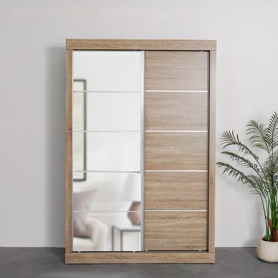 Supreme 2-Door Compact Sliding Door Wardrobe with Mirror - French Sonoma Oak - With 2-Year Warranty