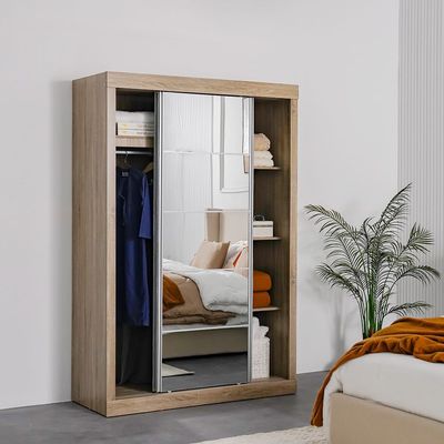 Supreme 2-Door Compact Sliding Door Wardrobe with Mirror - French Sonoma Oak - With 2-Year Warranty