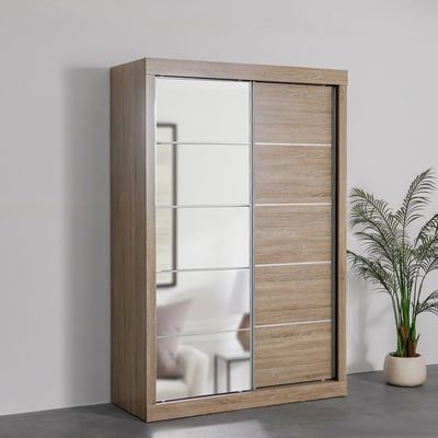 Supreme 2-Door Compact Sliding Door Wardrobe with Mirror - French Sonoma Oak - With 2-Year Warranty