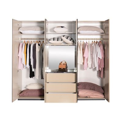 Hanson 6 Door Wardrobe W/ 3 Drawers, Led And Mirror- D.Grey/Khaki