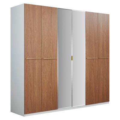 Quarto 6 Door Wardrobe W/ 2 Mirror -Beige /Walnut/ Gold