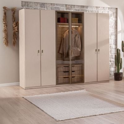 Vesta 6 Door Wardrobe with 2 Glass Door and LED - Beige