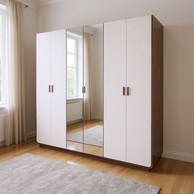 Oboro 6 Door Wardrobe With 2 Mirrors - Walnut/Beige