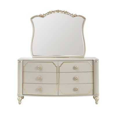 Zelda Dresser with Mirror and Stool-Lt. Grey / Golden