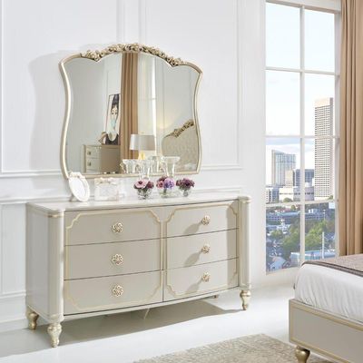 Zelda Dresser with Mirror and Stool-Lt. Grey / Golden