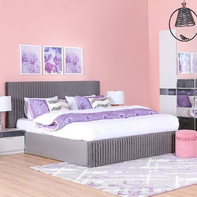 Porto 180X200 King Bed Set Hydraulic with Bedbox + Dresser with Mirror and Pouf - White / Grey