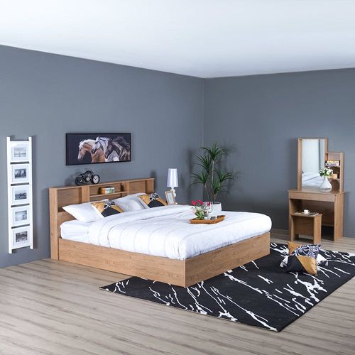 طقم غرفة نوم من غامورا مكوّن من سرير بمقاس كينج وطاولة جانبية ومقعد وطاولة تزيين - 180X 200 سم - خشب بلوط