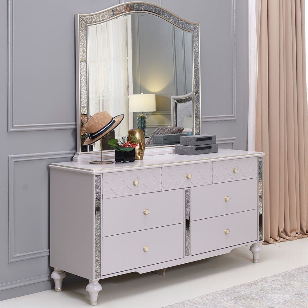 Beige dresser on sale with mirror