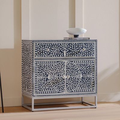 Optical Wooden Chest of Drawers with 2 Doors - Blue/Silver - With 2-Year Warranty