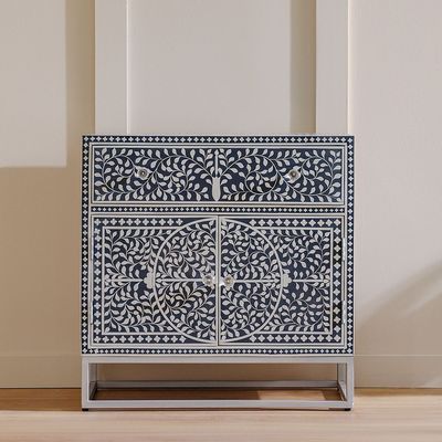 Optical Wooden Chest of Drawers with 2 Doors - Blue/Silver - With 2-Year Warranty