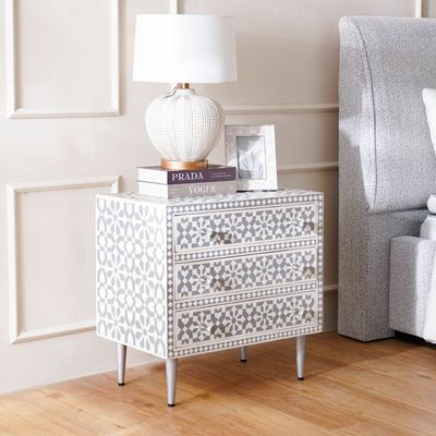 Prana Wooden Nightstand with 3 Drawers - Grey/Silver - With 2-Year Warranty