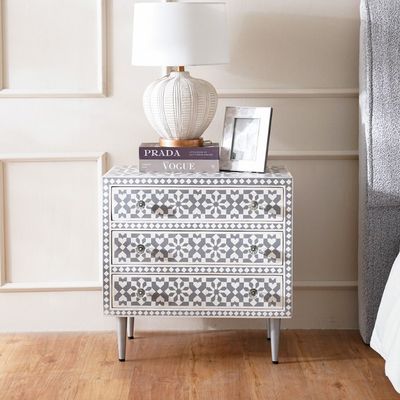Prana Wooden Nightstand with 3 Drawers - Grey/Silver - With 2-Year Warranty