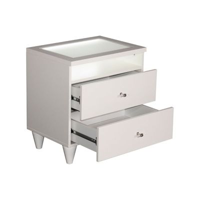 Raigor Night Stand with Glass Top and LED light - White/Silver - With 2-Year Warranty