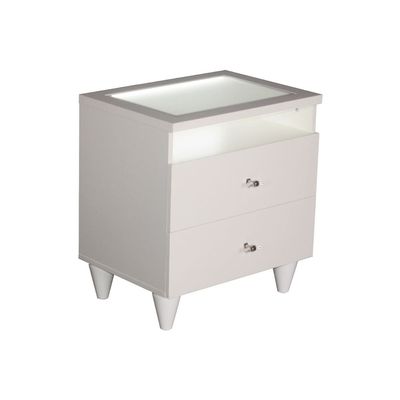 Raigor Night Stand with Glass Top and LED light - White/Silver - With 2-Year Warranty