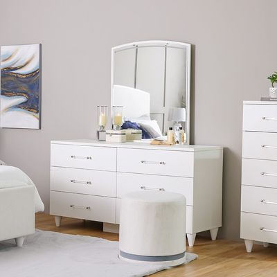 Raigor Dresser Mirror with LED & Pouf - White/Silver - With 2-Year Warranty