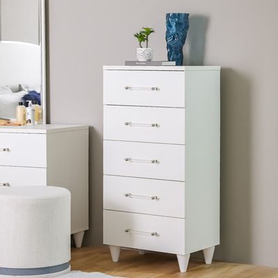 Raigor Chest of 5 Drawers - White/Silver - With 2-Year Warranty