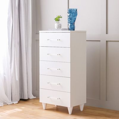 Raigor Chest of 5 Drawers - White/Silver - With 2-Year Warranty