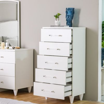 Raigor Chest of 5 Drawers - White/Silver - With 2-Year Warranty