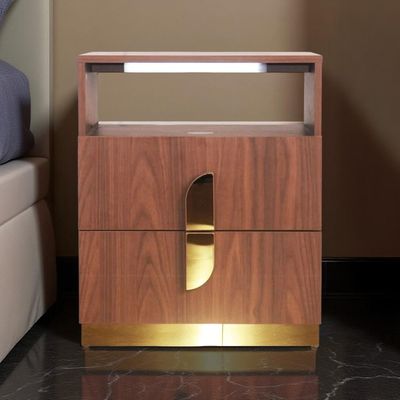 Ronin Night Stand with Wireless Charger and LED Light - Walnut/Golden - With 2-Year Warranty