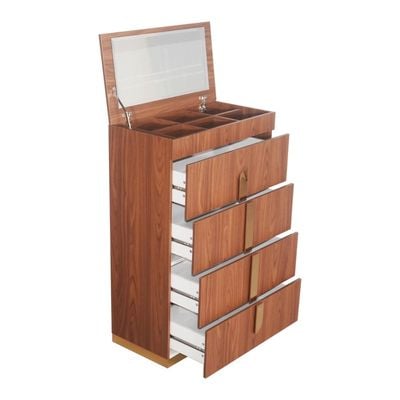 Ronin Chest of 4 Drawers with Top Open Mirror & Jewelry Storage - Walnut/Golden - With 2-Year Warranty 