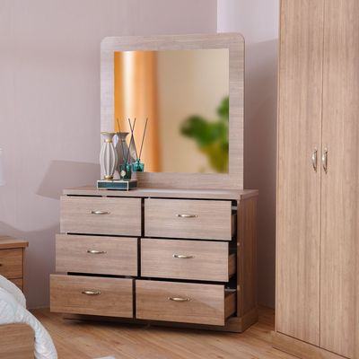 Zirco 6-Drawer Dresser with Mirror - Brown Oak - With 2-Year Warranty
