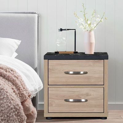 Bolivar 2-Drawer Night Stand - Vintage Oak/Black Faux Marble - With 2-Year Warranty