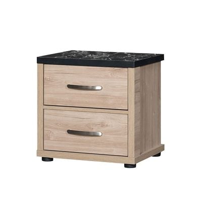 Bolivar 2-Drawer Night Stand - Vintage Oak/Black Faux Marble - With 2-Year Warranty