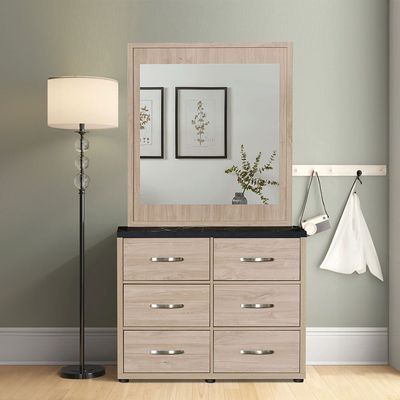 Bolivar 6-Drawer Dresser with Mirror - Vintage Oak/Black Faux Marble - With 2-Year Warranty