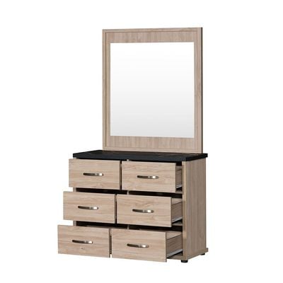 Bolivar 6-Drawer Dresser with Mirror - Vintage Oak/Black Faux Marble - With 2-Year Warranty