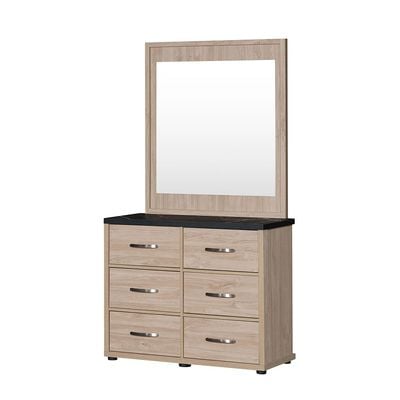 Bolivar 6-Drawer Dresser with Mirror - Vintage Oak/Black Faux Marble - With 2-Year Warranty