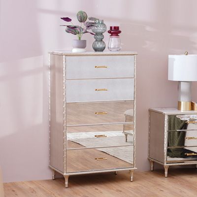 Renies Chest of 5 Drawers - White/Gold - With 2-Year Warranty