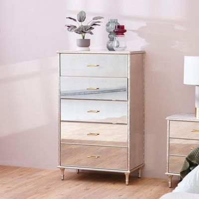 Renies Chest of 5 Drawers - White/Gold - With 2-Year Warranty
