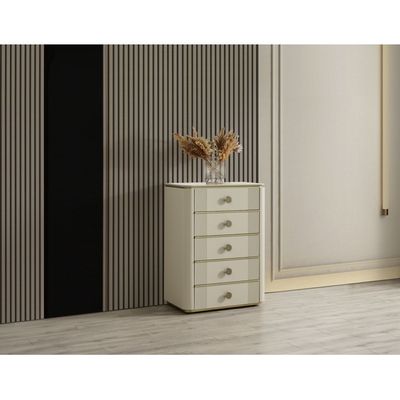 Berlin Chest of 5 Drawers - Powder Beige/Gold - With 10-Year Warranty